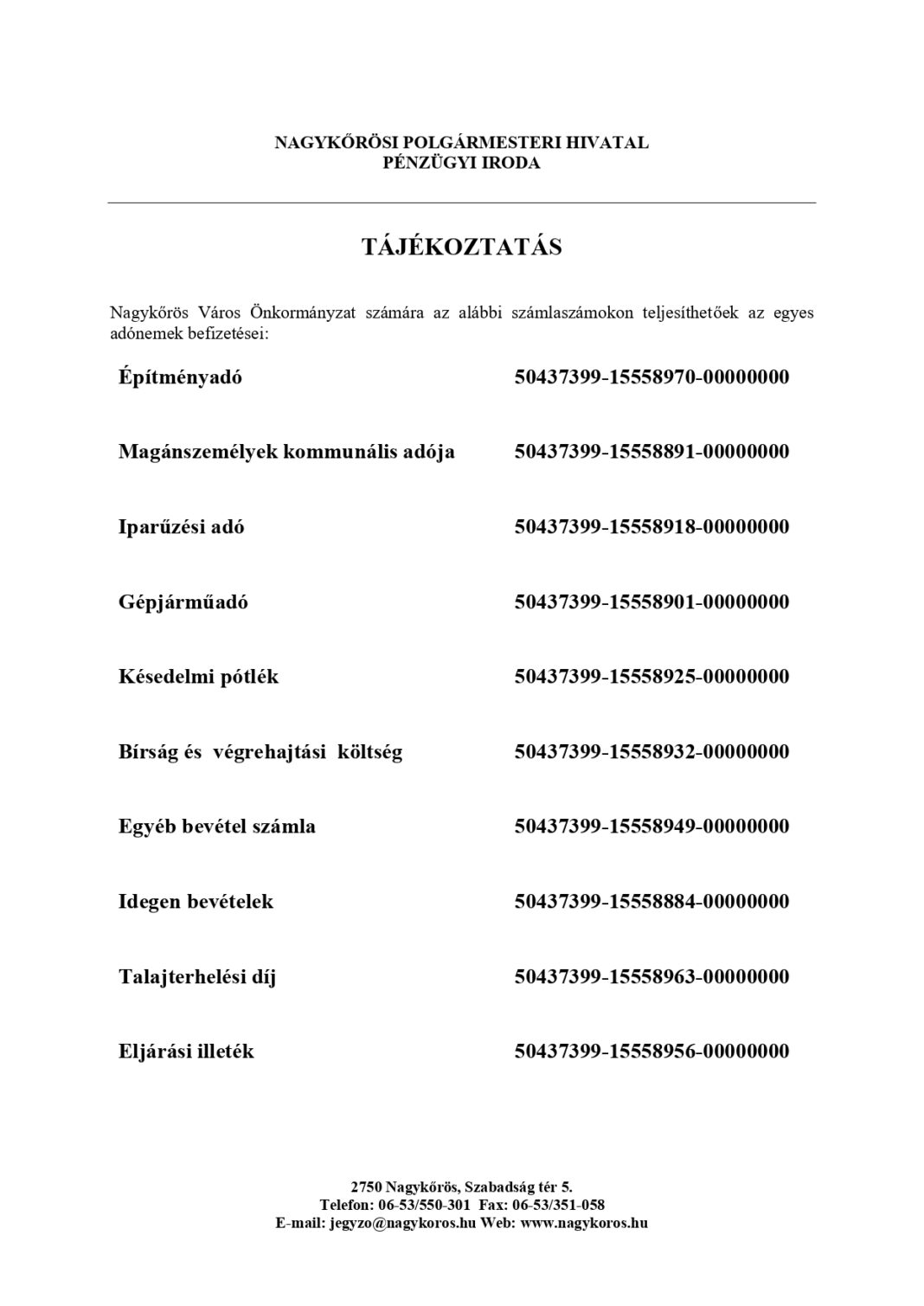 Nagykőrösi Polgármesteri Hivatal SZÁMLASZÁMAI